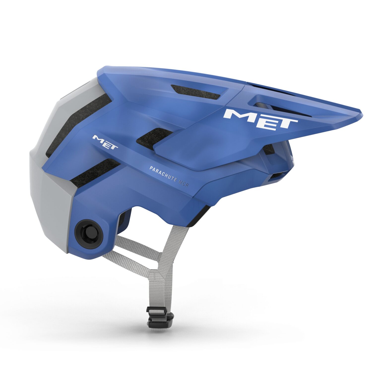 studio image of the Parachute MCR 2 in blue from the side in half-shell mode